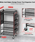 Power Tool Organizer Cart With Charging Station And Heavy Duty Tool Bag For Garage And Workshop, Battery Holder Storage Rack With 8 Outlet Power Strip And Rolling Utility Shelf On Wheels, shown with adjustable shelves and lockable wheels.