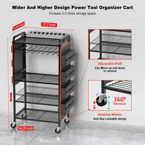 Power Tool Organizer Cart With Charging Station And Heavy Duty Tool Bag For Garage And Workshop, Battery Holder Storage Rack With 8 Outlet Power Strip And Rolling Utility Shelf On Wheels, shown with adjustable shelves and lockable wheels.