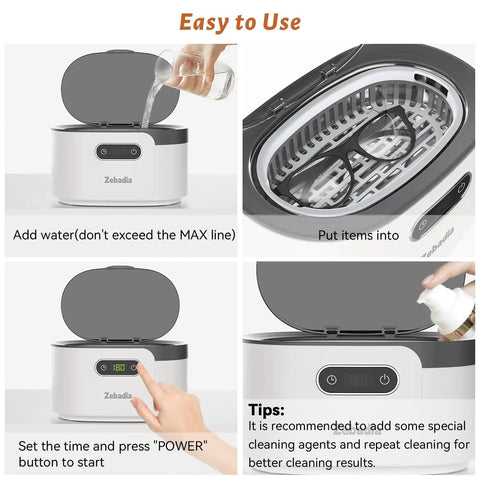 600ml Ultrasonic Jewelry Cleaner With Digital Timer showing usage for glasses and rings with water and detergent at home