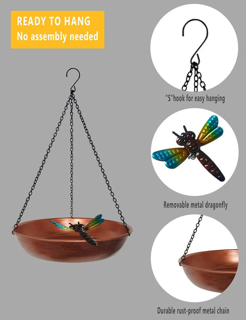 Outdoor Hanging Bird Bath And Feeder With Antique Copper Finish, 11 Inch Metal Bird Bath Bowl On Detachable Black Chain With Cute Dragonfly Accent
