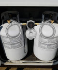 Two Tank RV Propane Regulator Kit With 18 Inch Hoses For RVs Vans And Campers, Dual-Stage Regulator Delivers 210000 BTU Main And 130000 BTU Backup, CSA Certified, Easy Hookup And Safe Camping installed in RV compartment