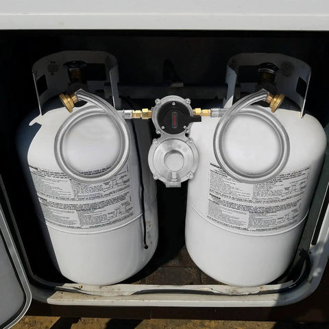 Two Tank RV Propane Regulator Kit With 18 Inch Hoses For RVs Vans And Campers, Dual-Stage Regulator Delivers 210000 BTU Main And 130000 BTU Backup, CSA Certified, Easy Hookup And Safe Camping installed in RV compartment