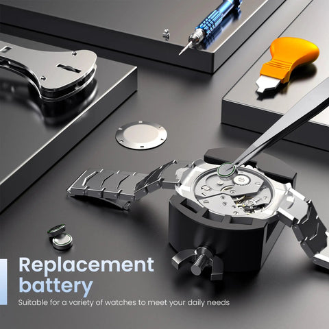 Pro Grade All In One Watch Repair Kit With Cap Opener, Strap And Band Link Remover, Sizing Tool, Screwdrivers, Spring Bars, Case Back Opener And Battery Replacement, Upgraded 2025 Edition For Everyday Carry Gear, showing tools and watch parts.
