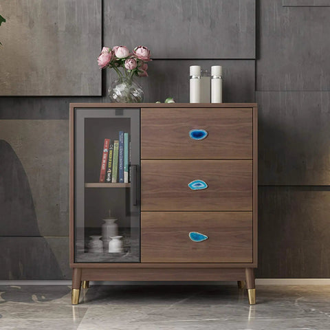 Four Pack Gold Plated Agate Slice Cabinet Knobs With Real Brass Drawer Pull Handles on stylish wooden cabinet