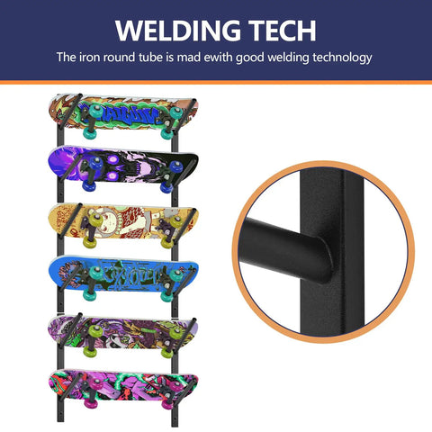 6 Tier Skateboard Wall Mount Rack For Snowboard Longboard And Deck Storage Modular Garage Gear Organizer showing welding detail.