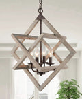 4-Light Weathered Wood Farmhouse Pendant Chandelier With Geometric Cage, Rustic Coastal Dining Room Lighting Over Table