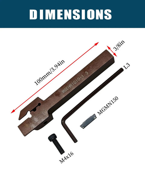 Dimensions of Beefed-Up Lathe Grooving Cut Off Parting Tool Holder With Three Eighths Inch Shank, MGEHR1010-1.5 Ready, with Inserts