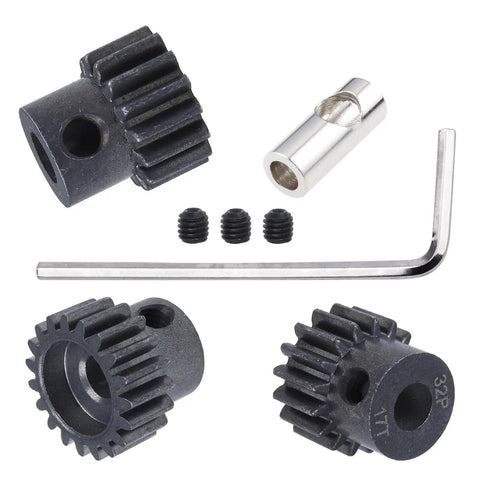 Beefy Metal Pinion Gear Set 0.8 Metric Pitch 32 For 1/10 Traxxas Slash RC cars with 15T, 17T, 19T gears and 1/8 to 5mm adapter shown