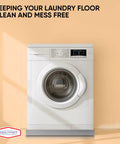 Built Tough Stainless Steel Washer Drain Pan Tray For No Fuss Leak Prevention And Spill Containment Under Washer Floor Protection 27x25x2.5 Inches Rust Resistant Rugged Laundry Appliance Shield installed under white washing machine in laundry room.