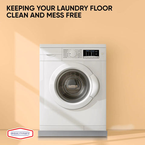 Built Tough Stainless Steel Washer Drain Pan Tray For No Fuss Leak Prevention And Spill Containment Under Washer Floor Protection 27x25x2.5 Inches Rust Resistant Rugged Laundry Appliance Shield installed under white washing machine in laundry room.