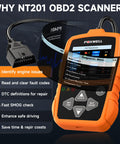 NT201 OBD2 Scanner Code Reader For Cars And Trucks Plug And Play Diagnostic Tool display screen and cable