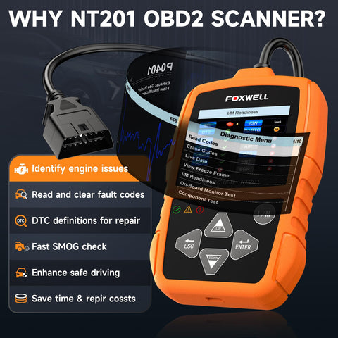 NT201 OBD2 Scanner Code Reader For Cars And Trucks Plug And Play Diagnostic Tool display screen and cable