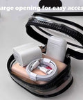 Clear Waterproof Travel Pouch For Phones And Chargers Slick Zip Closure Cable Organizer Rigid Shell showing a large opening for easy access to cords.