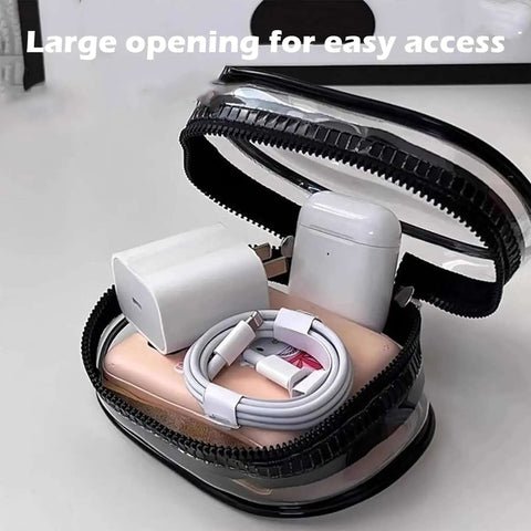 Clear Waterproof Travel Pouch For Phones And Chargers Slick Zip Closure Cable Organizer Rigid Shell showing a large opening for easy access to cords.