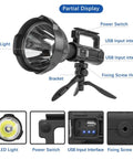 Ultra Bright 200000 Lumen Rechargeable Spotlight For Outdoor Hunting Boating And Camping With 8000 mAh Battery Long Lasting Handheld Searchlight Ready For Any Night Adventure Beast Mode featuring power switch and USB input interface with tripod displayed.