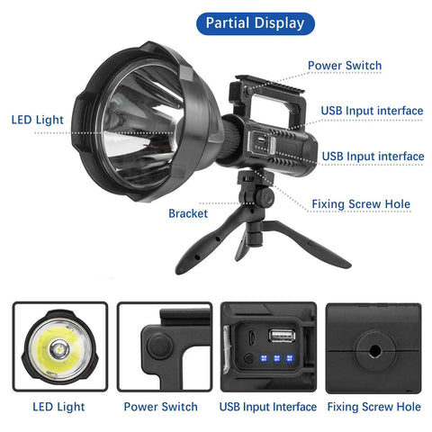 Ultra Bright 200000 Lumen Rechargeable Spotlight For Outdoor Hunting Boating And Camping With 8000 mAh Battery Long Lasting Handheld Searchlight Ready For Any Night Adventure Beast Mode featuring power switch and USB input interface with tripod displayed.