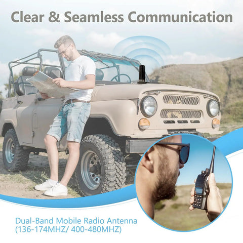 Man using Go-To Dual Band Vehicle Ham Radio Antenna For VHF 136-174 MHz And UHF 400-470 MHz on SUV