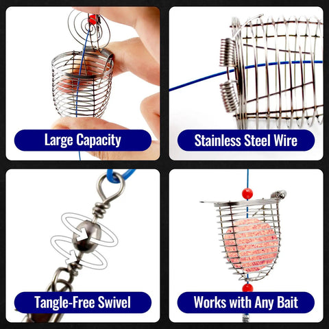 Pro Grade Stainless Steel Bait Cage Ten Pack For Carp And Catfish Fishing, Large 2.3 Inch Chum Rig Basket, close-up details