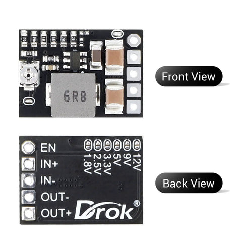 Front and back view of Five Pack Mini DC Buck Converter Set 4.5 to 20V Input to 5V Output With Adjustable 1 to 16V Or Fixed 5V 9V 12V 3A 10W