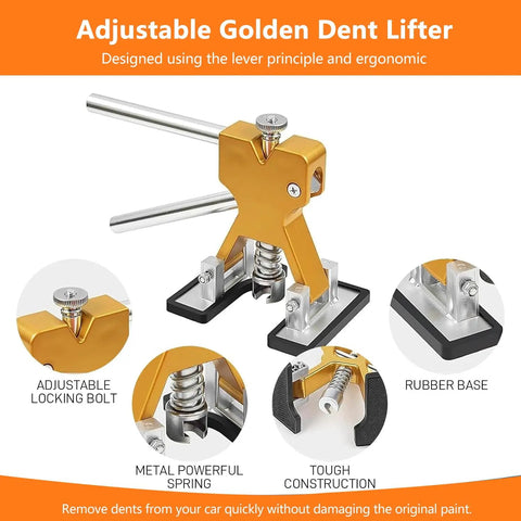 135 Piece Paintless Dent Repair Kit For Cars With T Bar Puller Bridge Puller Golden Lifter And More DIY Car Dent Remover For Door Dings Hail Damage And Body Creases Learn To Fix Scratches At Home With This All In One Auto Body Repair Set. Golden dent lifter with adjustable locking bolt, metal spring, and rubber base