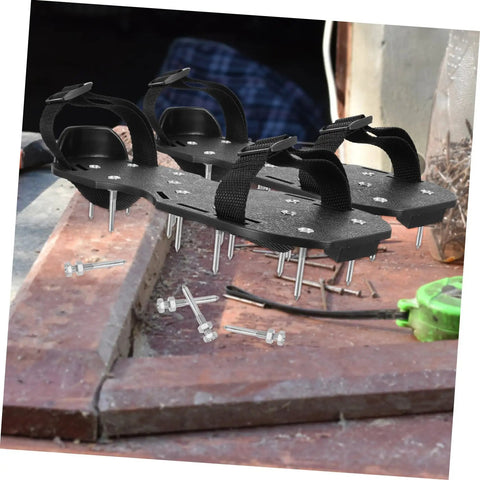 Metal Lawn Aerator Shoes With Spikes 20 Piece Set For Quick Soil Aeration on wooden bench