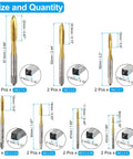 14 Piece Spiral Point Tap Set for Metric Threads M2 to M6 Titanium Coated High Speed Steel Taps, size and quantity details