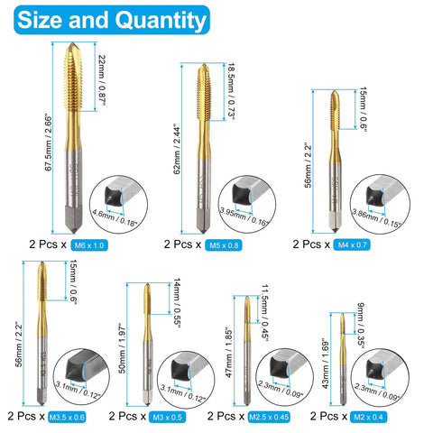 14 Piece Spiral Point Tap Set for Metric Threads M2 to M6 Titanium Coated High Speed Steel Taps, size and quantity details