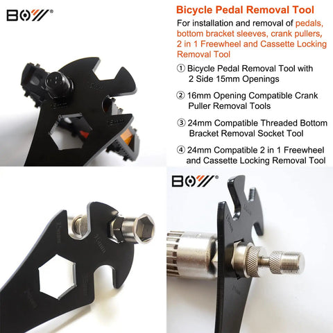 All In One 6 In 1 Bike Repair Tool Set for maintenance, shown with pedal removal tool, crank puller, and hex wrenches.