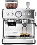 Front view of 20 Bar Espresso Machine With Built In Grinder And Milk Frother Steam Wand, 58mm Portafilter Stainless Steel Coffee Maker.