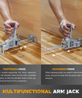 Pair Of Heavy Duty Sheetrock Drywall Lift And Furniture Board Lifting Helper Platform With Two Drop Modes and Adjustable Height Stand in use showing tightening and expansion mode.