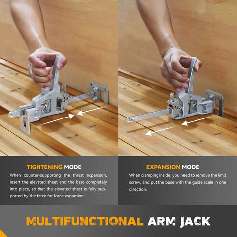 Pair Of Heavy Duty Sheetrock Drywall Lift And Furniture Board Lifting Helper Platform With Two Drop Modes and Adjustable Height Stand in use showing tightening and expansion mode.
