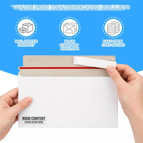 Hands holding 100 Pack Card Mailer Envelopes With Semi-Rigid Holders For Sleeved Or Toploaded Trading Cards, 7 By 4.35 Inch Shipping Envelopes