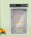Heavy Duty Commercial Food Dehydrator With 16 Stainless Steel Trays, Real Deal Electric Fruit Dryer And Beef Jerky Maker, 360 Rotating Airflow For Smokin Fast Results, Pro Kitchen Setup showcasing stainless trays and fruits.