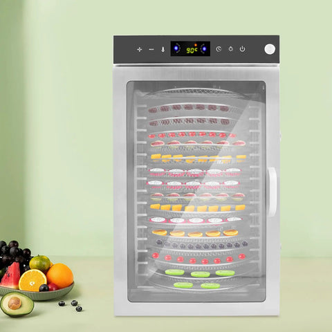 Heavy Duty Commercial Food Dehydrator With 16 Stainless Steel Trays, Real Deal Electric Fruit Dryer And Beef Jerky Maker, 360 Rotating Airflow For Smokin Fast Results, Pro Kitchen Setup showcasing stainless trays and fruits.