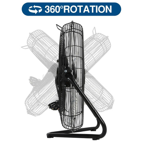 High Velocity 20 Inch Floor Fan With Three Speed Settings And Heavy Duty Metal Build, side view showing 360-degree rotation