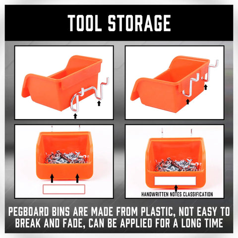 150 Piece Pegboard Hooks Set With Bins, 15 Types Heavy Duty Metal Hooks, Orange plastic bins with metal hooks for pegboards.