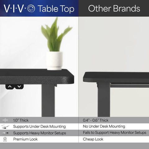 Vivo Black Height Adjustable Standing Desk 71x30 Inch Electric Sit Stand Workstation tabletop comparison with other brands.