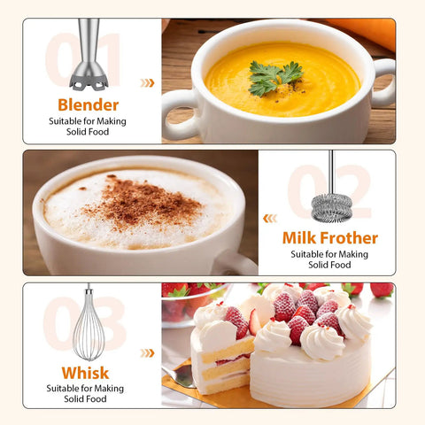 Powerful 1000W Immersion Hand Blender 3-in-1 Pro-Grade Stick With Turbo Mode, 12-Speed Stainless Steel Blades, Whisk And Milk Frother