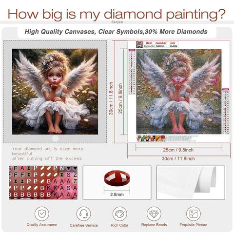 Angel Girl Diamond Art Kit For Adults 5D Diamond Painting Round Full Drill showing 12x12 inch canvas and diamond details