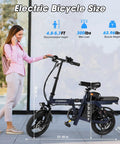 Foldable 14 Inch Electric Bike With A 650W Peak Motor That Powers You To 20 MPH, 28 Mile Range, woman standing beside bike