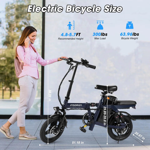 Foldable 14 Inch Electric Bike With A 650W Peak Motor That Powers You To 20 MPH, 28 Mile Range, woman standing beside bike