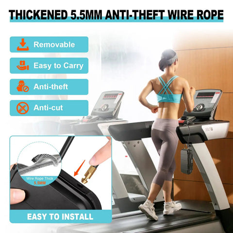 Portable Waterproof Security Lock Box With Combination Lock tethered to treadmill, showing anti-theft wire rope feature.