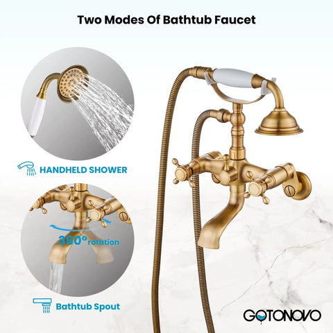 Clawfoot Tub Faucet Set With Handheld Shower, Victorian Double Cross Handles, Adjustable Swing Arms, Antique Brass, 59 Inch Hose