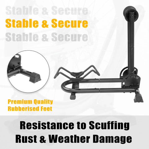 Foldable Bike Stand Floor Rack For MTB And Road Bikes With Quick Fold Design showing rubberised feet and sturdy metal frame