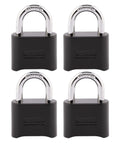 Four black customizable combination padlocks with resettable codes for gates and lockers, weatherproof indoor outdoor lock for everyday rugged security.
