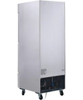 Commercial Reach In Split Door Freezer With Dual Solid Doors And Twenty Three Cubic Feet Of Badass Cold Storage For Quick Bites Kitchens Plus Corner Shops Featuring No Fuss Digital Thermostat Controls Sleek Wire Shelving Racks side view of stainless steel unit on wheels