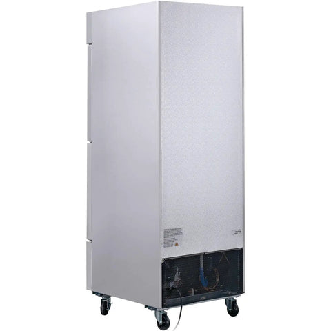 Commercial Reach In Split Door Freezer With Dual Solid Doors And Twenty Three Cubic Feet Of Badass Cold Storage For Quick Bites Kitchens Plus Corner Shops Featuring No Fuss Digital Thermostat Controls Sleek Wire Shelving Racks side view of stainless steel unit on wheels