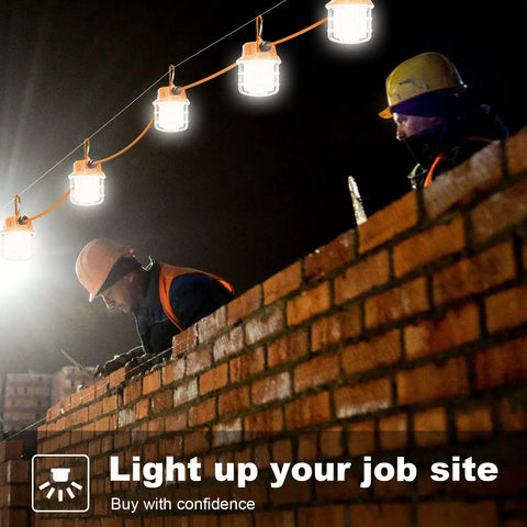 Workers using 100Ft LED Construction String Lights 150W Industrial Grade With 15000LM 5000K Daylight IP65 on site