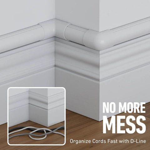 Slick Paintable Cable Cover Kit With Peel And Stick Backing To Easily Hide Cluttered Wall Cords Tv Mount Wires Half Round Wire Raceway Channel In Crisp White Finish installed at wall corner.