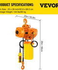 Heavy Duty 1 Ton Chain Hoist, Single Phase Electric Motor With Double G80 Mount Chain And Pendant Control dimensions 20 x 26 inches.